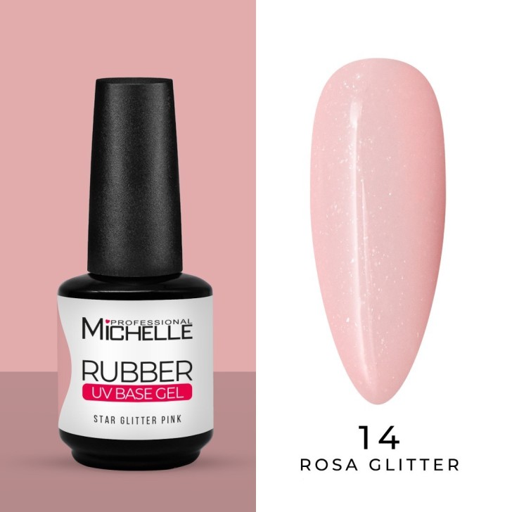nail gel reconstruction Rubber BASE Gel Builder 14 Glitter PINK - 15ml semi-transparent professional use