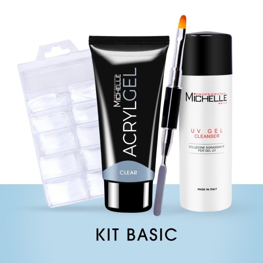 Kit : TRANSPARENT Acrylgel Clear 60ML + Dual form Tips 100PCS + Acrygel BRUSH + Cleanser 125ML