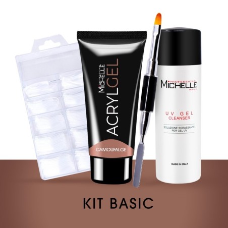 KIT: ACRYLGEL CAMOUFLAGE 60ML + DUAL FORM TIPS 100PCS + ACRYGEL BRUSH + CLEANSER 125ML