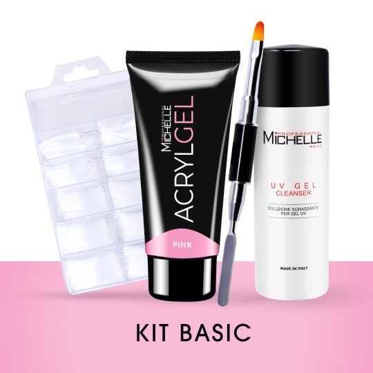 KIT: ACRYLGEL PINK 60ML + EMBOUTS DUAL FORM 100PCS + PINCEAU ACRYGEL + CLEANSER 125ML
