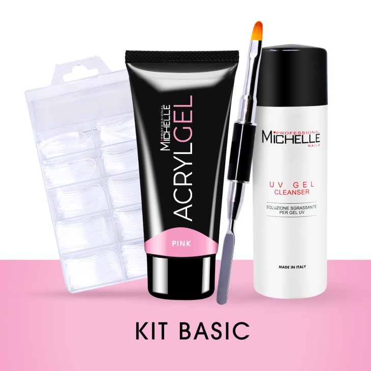 Kit : Acrylgel Pink 60ML + 100 Tips Dual form + BROCHA Acrygel + Cleanser 125ML