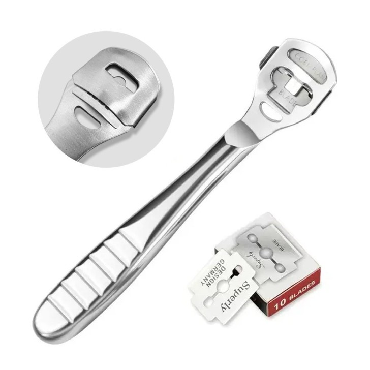 Removedor de callos profesional con mango de acero y juego de 10 cuchillas - Pedicure
