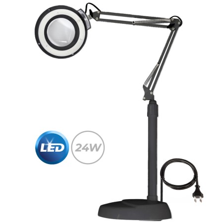 LAMPADA LED ALLUNGABILE RECLINABLE - CON BASE TONDA E LENTE DI INGRANDIMENTO - BLACK