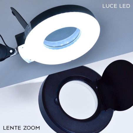 LAMPADA LED ALLUNGABILE RECLINABLE - CON BASE A CROCE E LENTE DI INGRANDIMENTO - BLACK